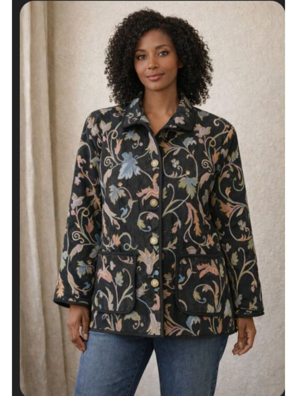 Vtg Blair Womens Floral Tapestry Jacket Wearable Art Size L Patch Pockets Black